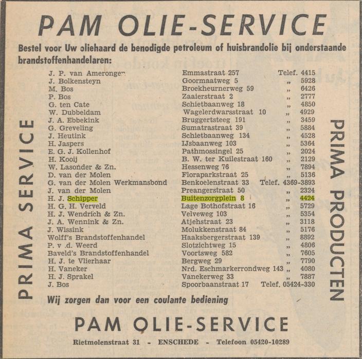 Buitenzorgplein 8 Brandstoffenhandel H.J. Schipper advertentie Tubantia 14-9-1957.jpg