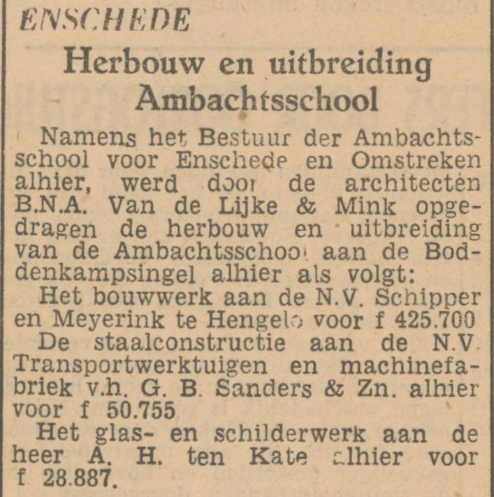 Boddenkampsingel Ambachtsschool N.V. Schipper en Meyerink krantenbericht Tubantia 21-8-1948.jpg