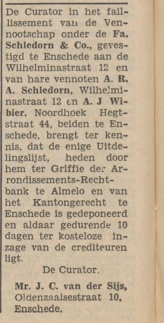Wilhelminastraat 12 Fa. Schledorn & Co. krantenbericht Tubantia 11-8-1953.jpg