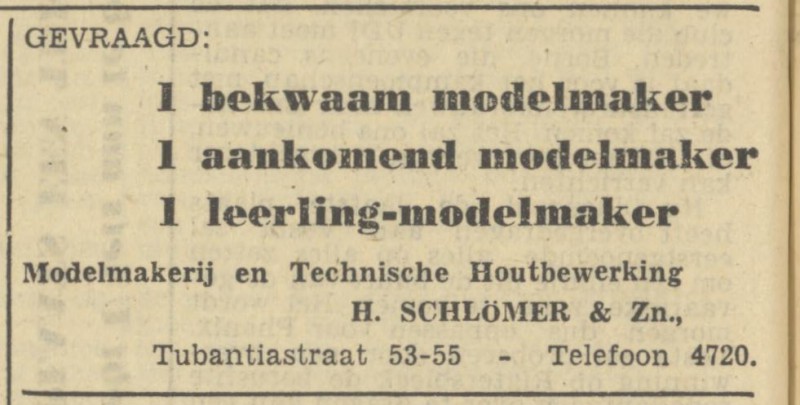 Tubantiastraat 53-55 H. Sclömer & Zn. Modelmakerij en Technische Houtbewerking advertentie Tubantia 25-2-1950.jpg