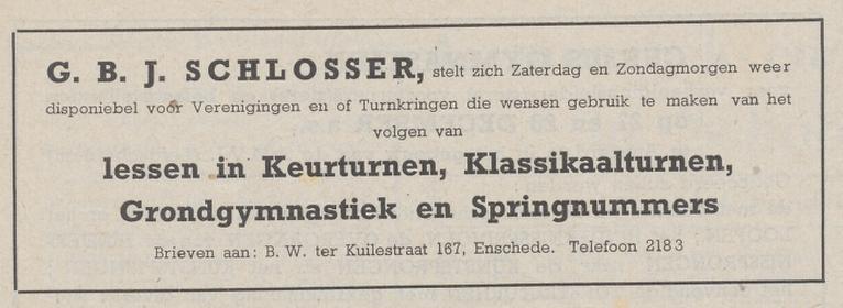 B .W. ter Kuilestraat 167 G.B.J. Schlosser advertentie Turnblad Kon. Ned. Gymnastiek Verbond 4-12-1946.jpg