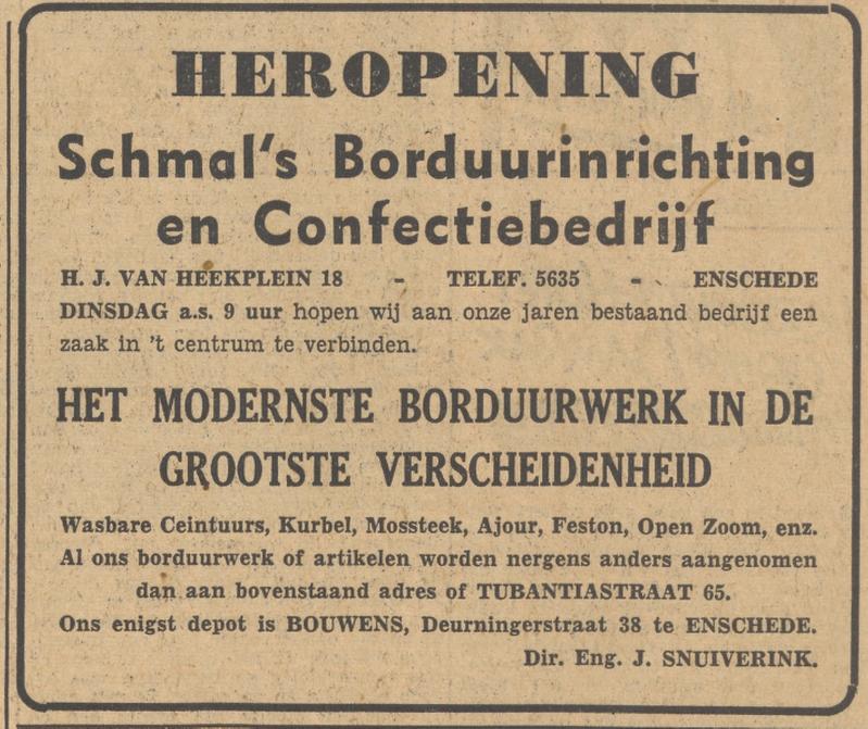 H.J. van Heekplein 18 Schmal's Borduurinrichting en Confectiebedrijf E.J. Snuiverink advertentie Tubantia 7-4-1952.jpg