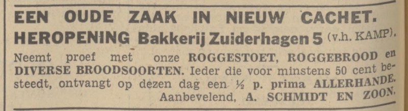 Zuiderhagen 5 Bakkerij A. Schmidt advertentie Tubantia 11-3-1938.jpg
