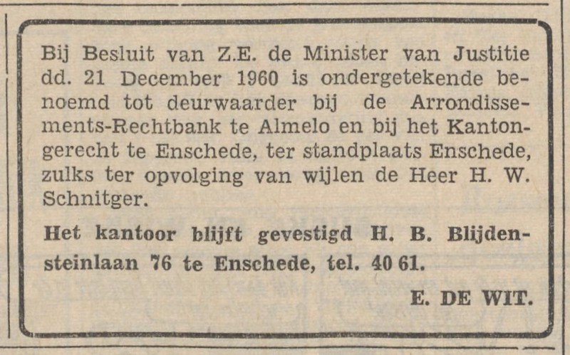 H.B. Blijdensteinlaan 76 Deurwaarderskantoor H.W. Schnitger advertentie Tubantia 29-12-1960.jpg