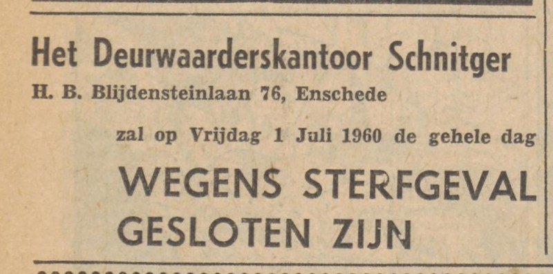 H.B. Blijdensteinlaan 76 Deurwaarderskantoor Schnitger advertentie Tubantia 30-6-1960.jpg