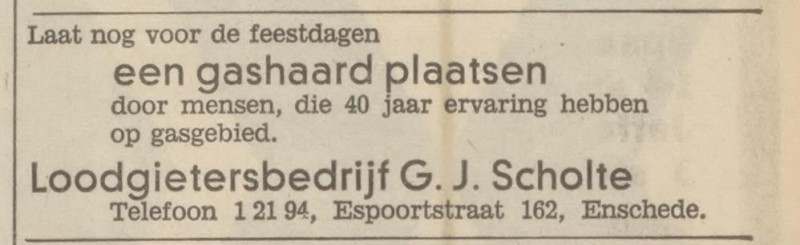 Espoortstraat 162 Loodgietersbedrijf G.J. Scholte advertentie Tubantia 27-11-1962.jpg