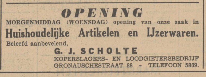Gronausestraat 88 Koperslagers- en Loodgietersbedrijf G.J. Scholte advertentie Tubantia 24-9-1940.jpg