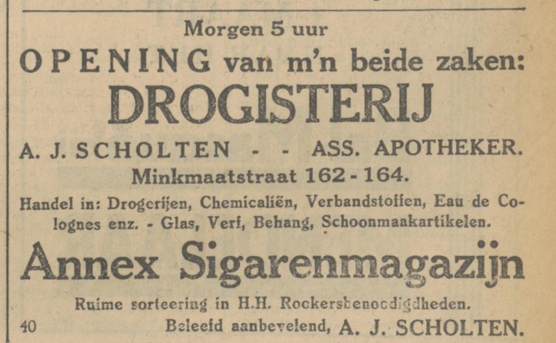 Minkmaatstraat 162-164 A.J. Scholten Drogisterij annex sigarenmagazijn advertentie Tubantia 28-2-1930..jpg