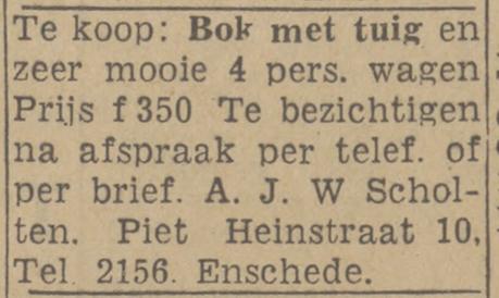 Piet Heinstraat 10 A.J.W. Scholten advertentie Twentsch nieuwsblad 5-4-1943.jpg