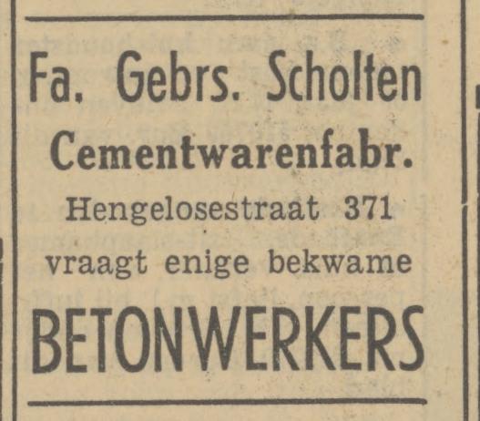 Hengelosestraat 371 Cementwarenfabriek Fa. Gebrs. Scholten advertentie Tubantia 22-2-1951.jpg