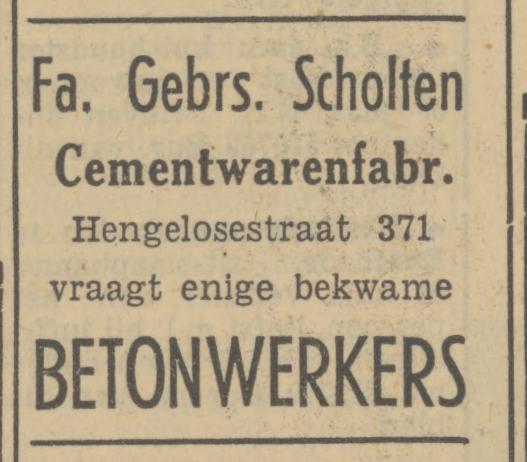 Hengelosestraat 371 Cementwarenfabriek Fa. Gebrs. Scholten advertentie Tubantia 22-2-1951.jpg