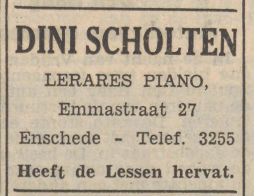 Emmastraat 27 Dini Scholten advertentie Tubantia  25-8-1952.jpg