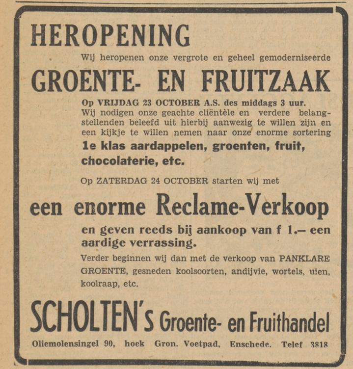 Oliemolensingel 90 Groente- en Fruithandel Scholten advertentie Tubantia 22-10-1953.jpg