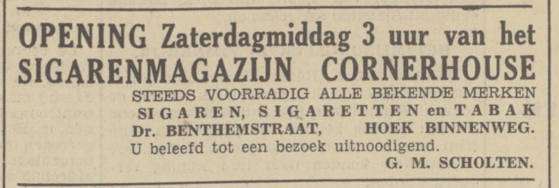 Dr. Benthemstraat 1 hoek Binnenweg sigarenmagazijn G.M. Scholten advertentie Tubantia 29-10-1937.jpg