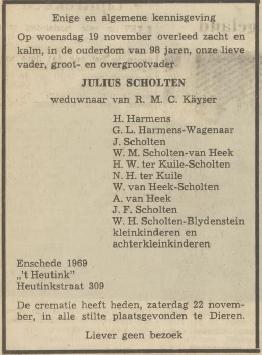 Heutinkstraat 309 't Heutink Julius Scholten overlijdensadvertentie Tubantia 22-11-1969.jpg