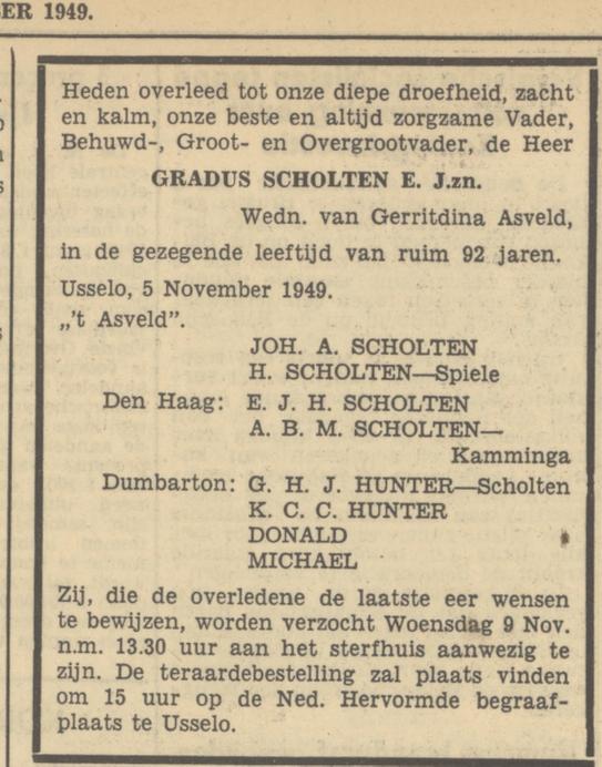Usselo 't Asveld Gradus Scholten E.J.zn overlijdensadvertentie Tubantia 7-11-1949.jpg