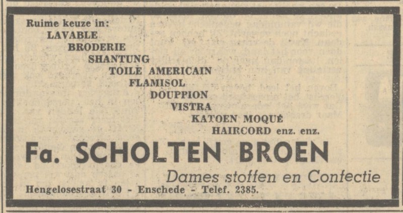 Hengelosestraat 30 Fa. Scholten-Broen advertentie Tubantia 4-5-1951.jpg