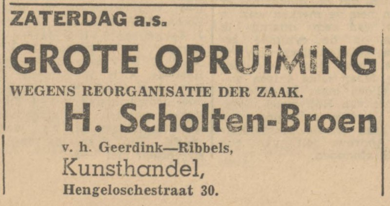 Hengelosestraat 30 Kunsthandel H. Scholten-Broen v.h. Geerdink-Ribbels  advertentie Tubantia 10-1-1947.jpg