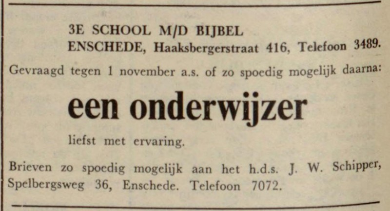 Haaksbergerstraat 416 3e School met de Bijbel advertentie Gereformeerd gezinsblad 20-8-1964.jpg