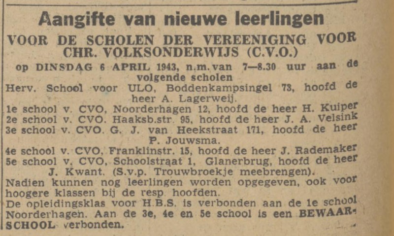 Noorderhagen 12 1e School voor C.V.O. advertentie Twentsch nieuwsblad 26-3-1943.jpg