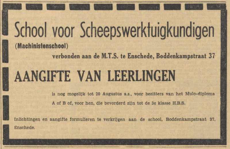 Boddenkampstraat 37 School voor Scheepswertuigkundigen (Machinistenschool) verbonden aan de MTS advertentie Tubantia 31-7-1954.jpg