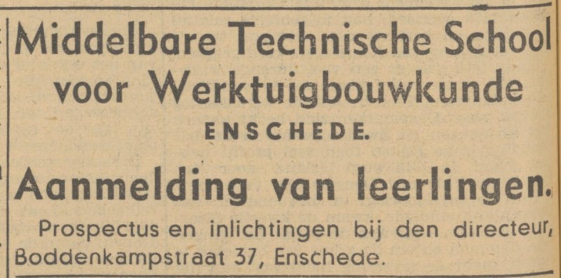 Boddenkampstraat 37 Middelbare Technische School voor Werktuignouwkunde advertentie Tubantia 8-4-1940.jpg