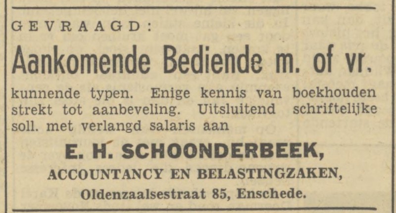 Oldenzaalsestraat 85 E.H. Schoonderbeek Acoountancy en Belastingzaken advertentie Tubantia 27-5-1950.jpg