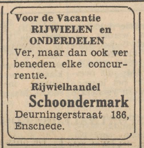 Deurningerstraat 186 Rijwielhandel Schoondermark advertentie Tubantia 11-7-1953.jpg