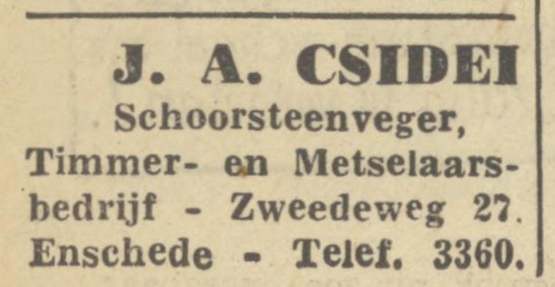 Zwedeweg 27 J.A. Csidei schoorsteenveger advertentie Tubantia 6-5-1950.jpg