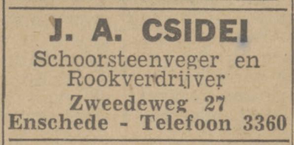 Zwedeweg 27 J.A. Csidei schoorsteenveger en rookverdrijver advertentie Twentsch nieuwsblad 23-3-1943.jpg