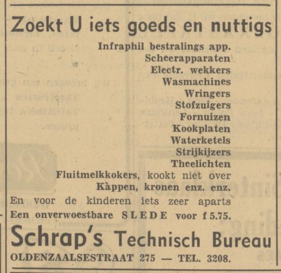 Oldenzaalsestraat 275 Technisch Bureau Schrap advertentie Tubantia 29-11-1949.jpg