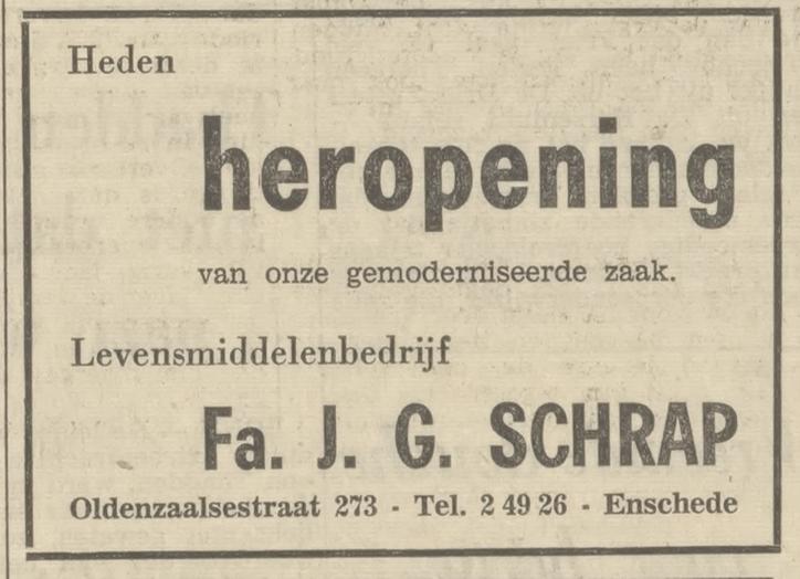 Oldenzaalsestraat 273 Levensmiddelenbedrijf J.G. Schrap advertentie Tubantia 4-5-1968.jpg