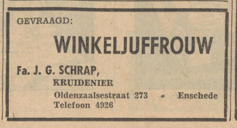Oldenzaalsestraat 273 kruidenier J.G. Schrap advertentie Tubantia 23-4-1959.jpg