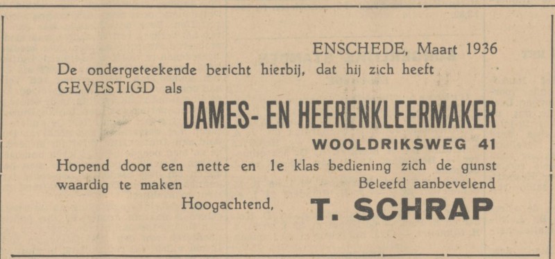 Wooldriksweg 41 dames- en herenkleermaker T. Schrap advertentie Tubantia 7-3-1936.jpg
