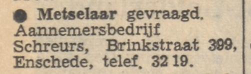 Brinkstraat 399 Aannemersnedrijf Schreurs advertentie Tubantia 17-2-1961.jpg