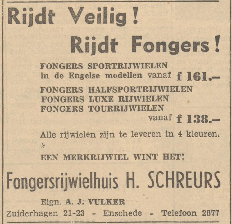 Zuiderhagen 21-23 Fongersrujwielhuis H. Schreurs advertentie Tubantia 19-5-1953.jpg