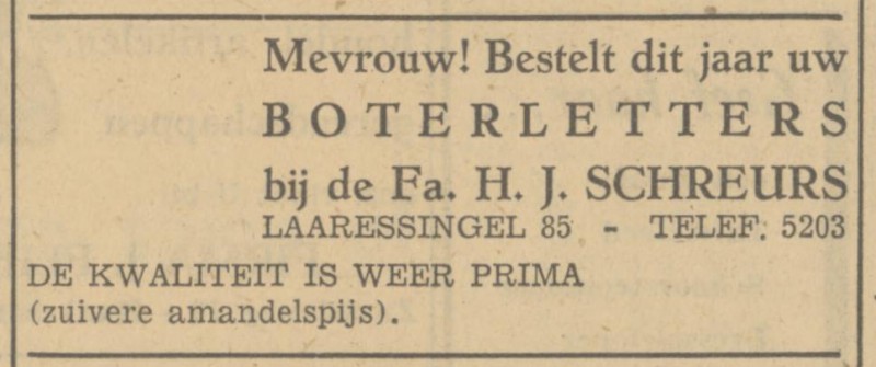 Laaressingel 85 Fa. H.J. Schreurs advertentie Tubantia 29-11-1949.jpg