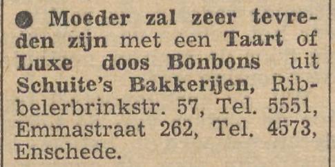 Emmastraat 262 Ribbelerbrinkstraat 57 Schuite's Bakkerijen advertentie Tubantia 7-5-1954.jpg