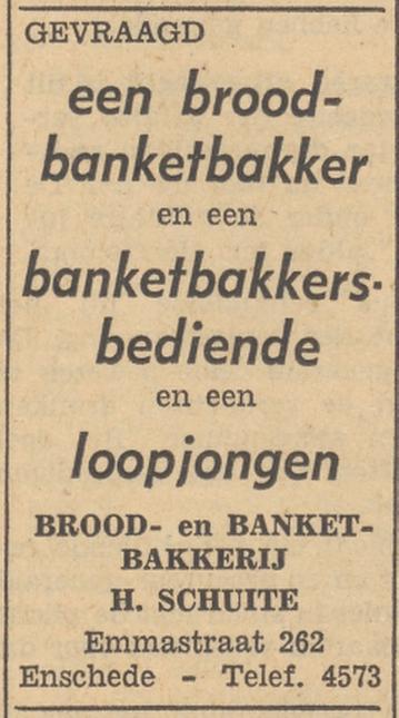 EDmmastraat 262 Brood- en Banketbakkerij H. Schuite advertentie Tubantia 24-11-1954.jpg