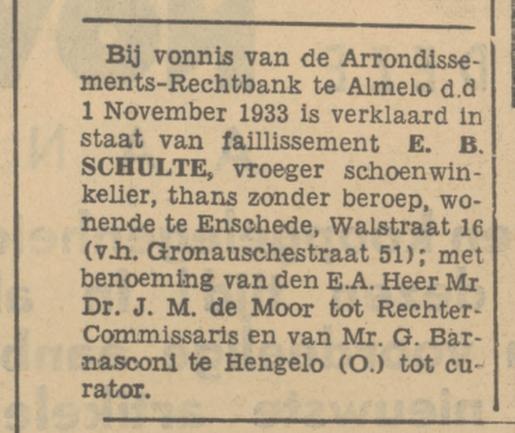 Walstraat 16 E.B. Schulte schoenwinkelier krantenbericht Tubantia 3-11-1933.jpg