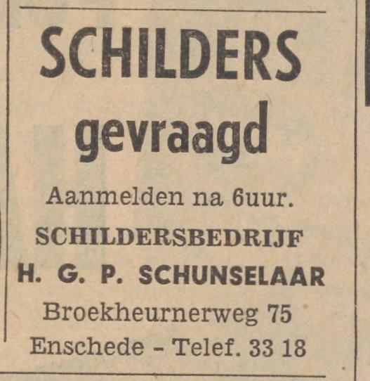 Broekheurnerweg 75 Schildersbedrijf H.G.P. Schunselaar advertentie Tubantia 7-3-1963.jpg