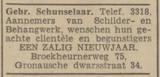 Broekheurnerweg 75 Gebr. Schunselaar Aannemers van Schilder- en Behangwerk advertentie Tubantia 31-12-1938.jpg