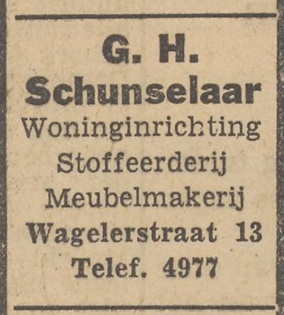 Wagelerstraat 13 G.H. Schunselaar stoffeerderij Meubelmakerij advertentie Tubantia 6-11-1952.jpg