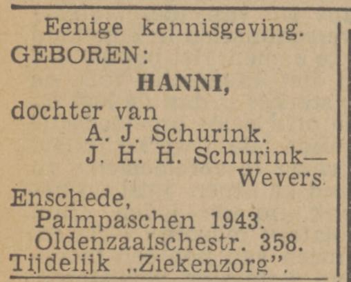 Oldenzaalsestraat 358 A.J. Schurink advertentie Twentsch nieuwsblad 19-4-1943.jpg
