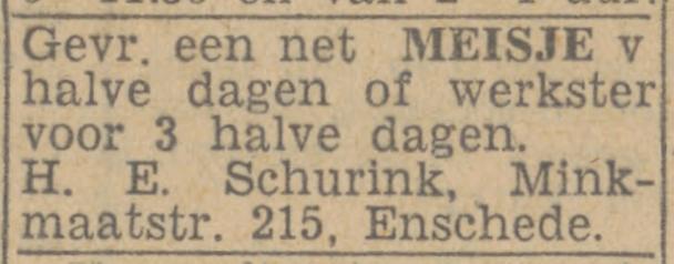Minkmaatstraat 215 H.E. Schurink advertentie Twentsch nieuwsblad 29-8-1944.jpg