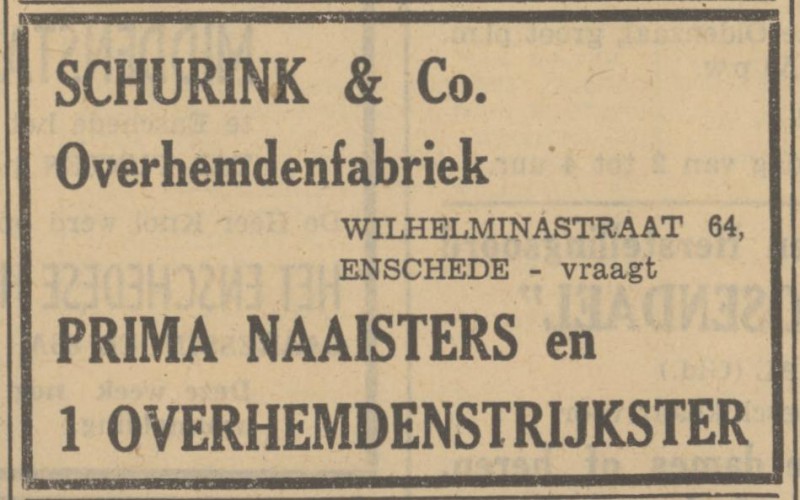 Wilhelminastraat 64 overhemdenfabriek Schurink & Co. advertentie Tubantia 17-9-1949.jpg