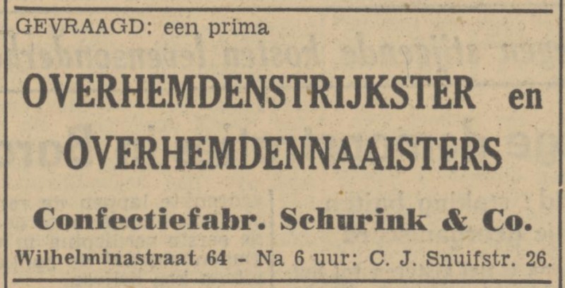 Wilhelminastraat 64 Confectiefabriek Schurink & Co. advertentie Tubantia 13-3-1951.jpg