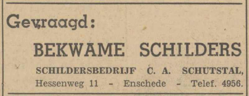 Hessenweg 11 Schildersbedrijf C.A. Schutstal advertentie Tubantia 4-9-1948.jpg