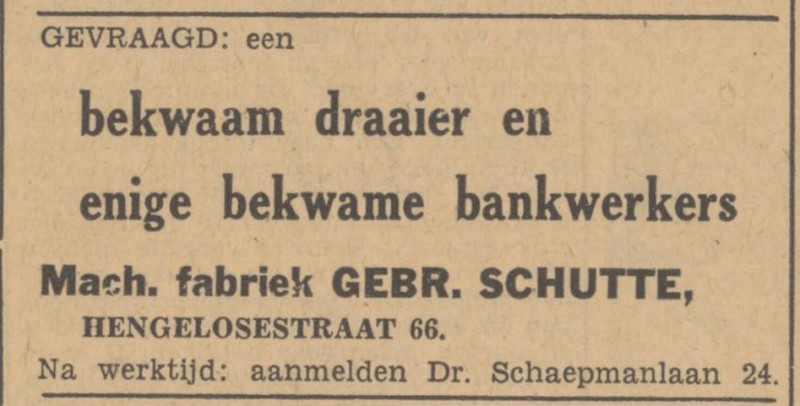 Dr. Schaepmanlaan 24 Hengelosestraat 66 Machinefabriek Gebr. Schutte advertentie Tubantia 6-8-1947.jpg