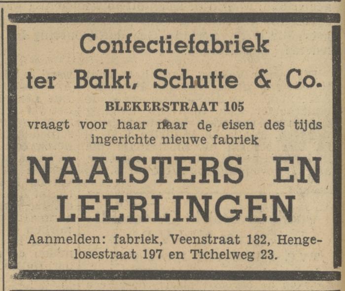 Veenstraat 182 Confectiefabriek ter Balkt, Schutte & Co. advertentie Tubantia 29-11-1947.jpg